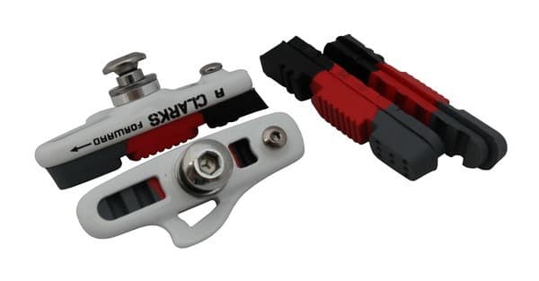 Klocki hamulcowe V-brake CLARKS CPS240 ELITE ROAD PADS & INSERTS, Dla Shimano/Sram/Tektro/Campagnolo, 55mm, Warunki Suche i Mokre, Szosa, Białe z czarno-czerwono-szarymi okładzinami + 2x okładziny ekstra (NEW)