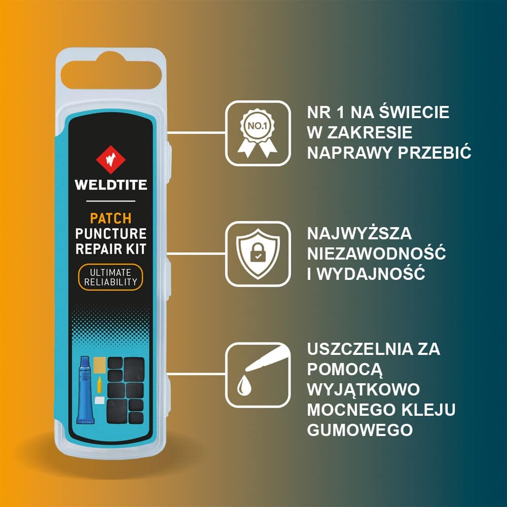 Zestaw łatek do dętek WELDTITE Patch Puncture Repair Kit (8x Łatka + Klej + Papier ścierny + Kreda + Kredka), Pudełko 25szt. (NEW).