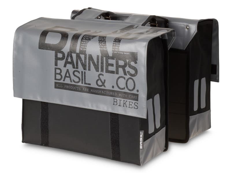 Sakwa podwójna BASIL TRANSPORT DOUBLE BAG 45L, mocowanie na paski, wodoodporny plandeka/poliester, szaro-czarna (WYPRZEDAŻ -50%)