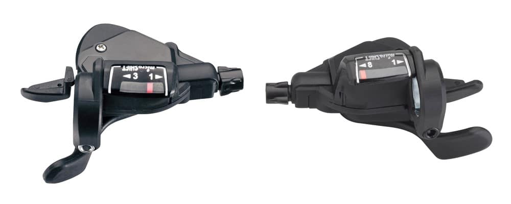 Manetki MICROSHIFT MEZZO, Para, 8.rzędowe(3x8), Kompatybilne z Shimano, Thumb Tap, Optyczny Wskaźnik Przełożeń (DWZ)
