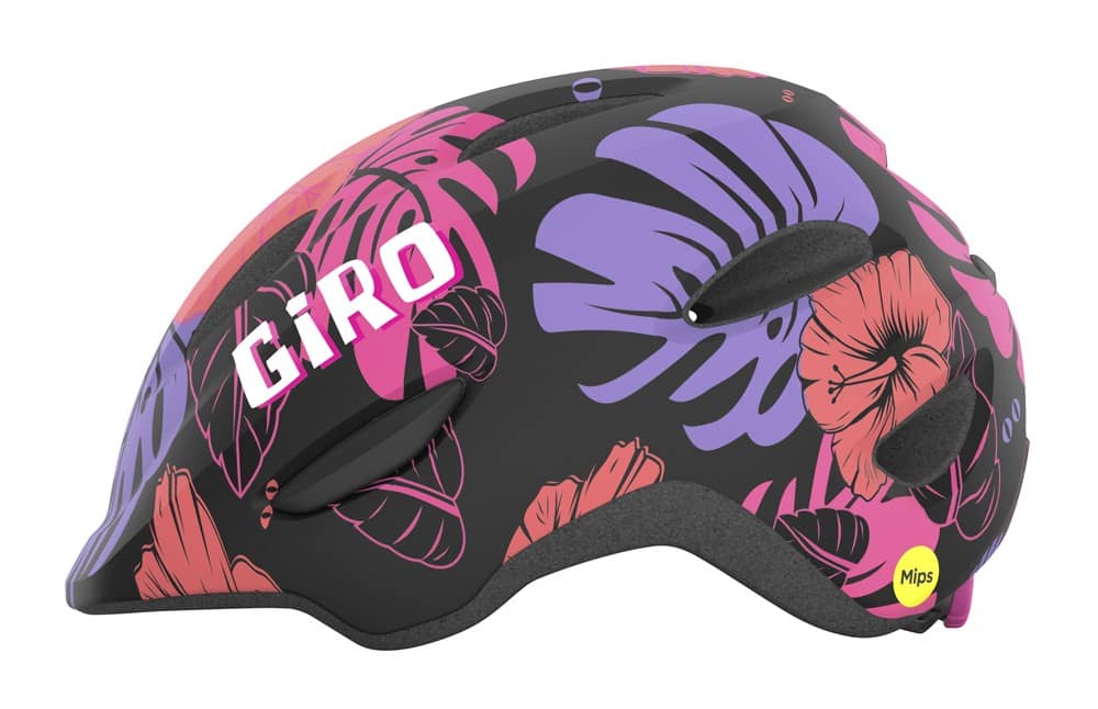 Vaikiškas šalmas GIRO SCAMP matinis juodas su gėlių raštu, dydis XS (45-49 cm)