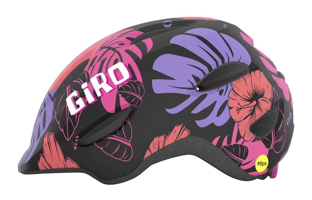 Vaikiškas šalmas GIRO SCAMP MIPS matinis juodas su gėlių raštu, dydis XS (45-49 cm)