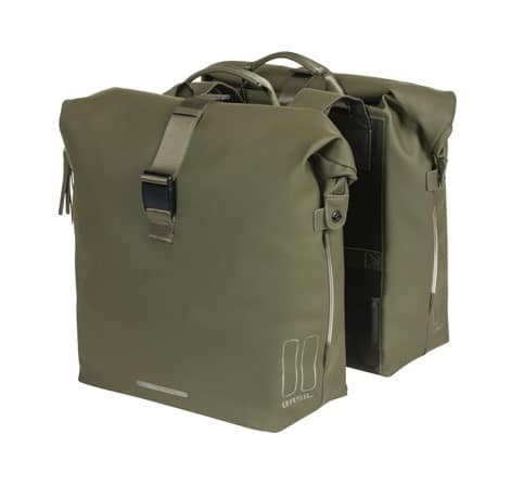 Sakwa podwójna BASIL SOHO DOUBLE PANNIER BAG NORDLICHT Universal Bridge System 41L, 100% wodoodporna moss green oświetlenie Nordlicht Technology (NEW)