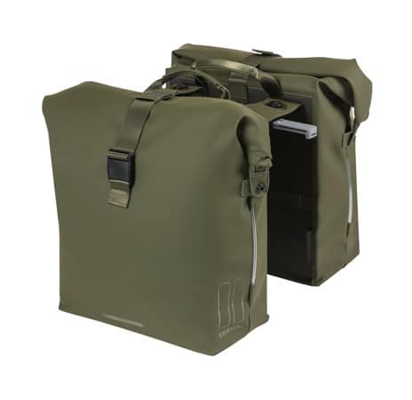 Sakwa podwójna BASIL SOHO DOUBLE PANNIER BAG NORDLICHT MIK, MIK System (ready to go) 41L, 100% wodoodporna moss green oświetlenie Nordlicht Technology (NEW).