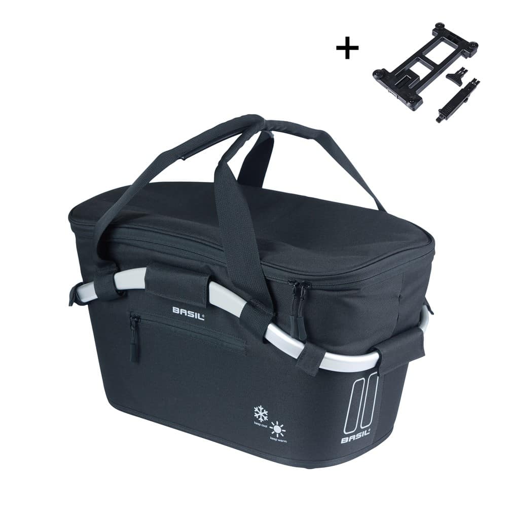 Kosz tylny na bagażnik BASIL CLASSIC CARRY ALL ISO COOL SYSTEM, MIK z adapterem do mocowania (ready to go), Adapter Plate 2.0 (blokada), izolowany do przewożenia napojów i jedzenia, 18L, Czarny (NEW)