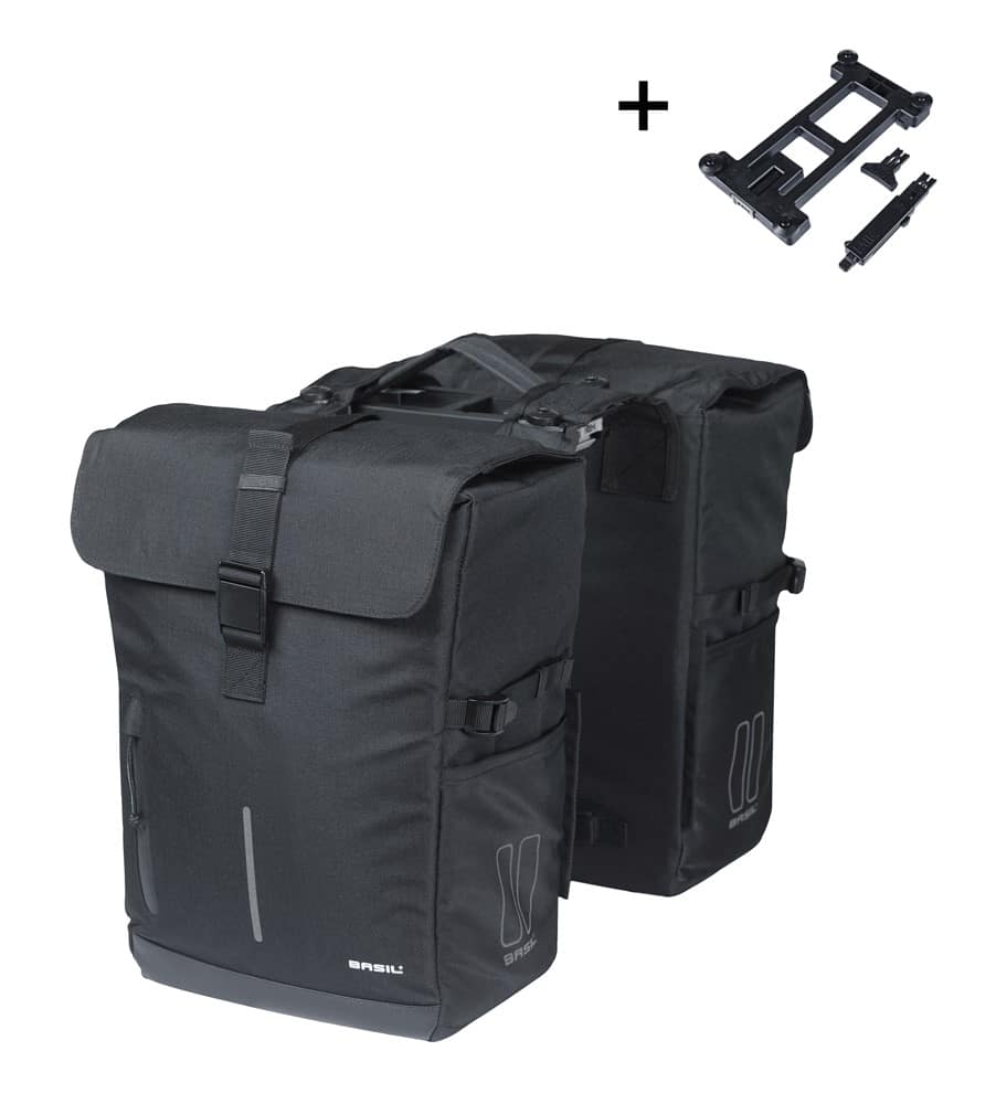 Sakwa podwójna BASIL MOVE DOUBLE BICYCLE BAG, MIK z adapterem do mocowania (ready to go), 30L, Wodoodporna, Black (NEW)