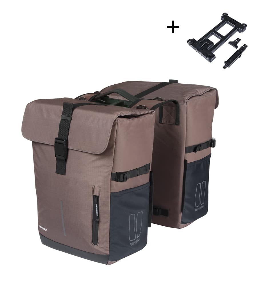 Sakwa podwójna BASIL MOVE DOUBLE BICYCLE BAG, MIK z adapterem do mocowania (ready to go), 30L, Wodoodporna, Brown (NEW)