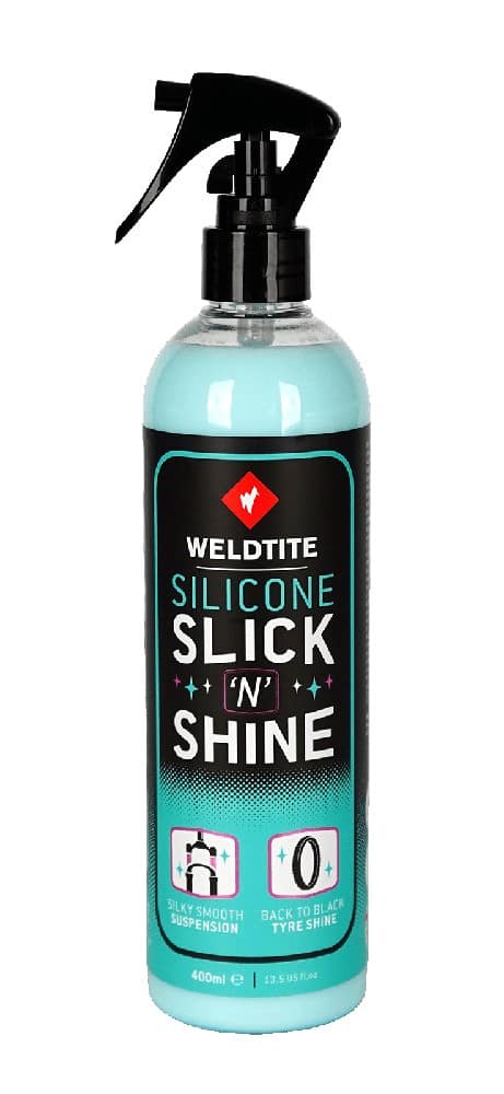 Nabłyszczacz ochronny WELDTITE SILICONE SLICK 'N' SHINE 400 ml, Do opon, goleni amortyzatorów i amortyzowanych sztyc (NEW)