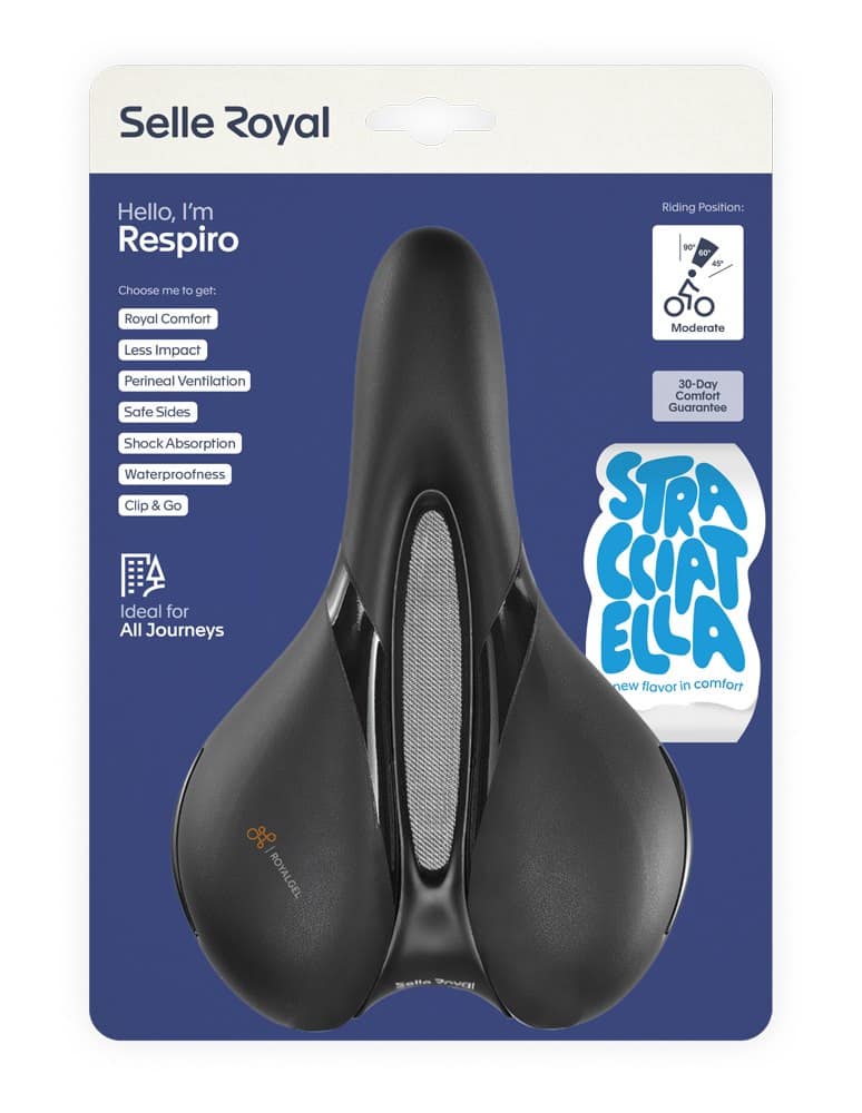 Siodło SELLEROYAL RESPIRO SOFT MODERATE STRACCIATELLA 60st. żelowe + elastomery, kanał chłodzący, unisex 496g (NEW 2026)