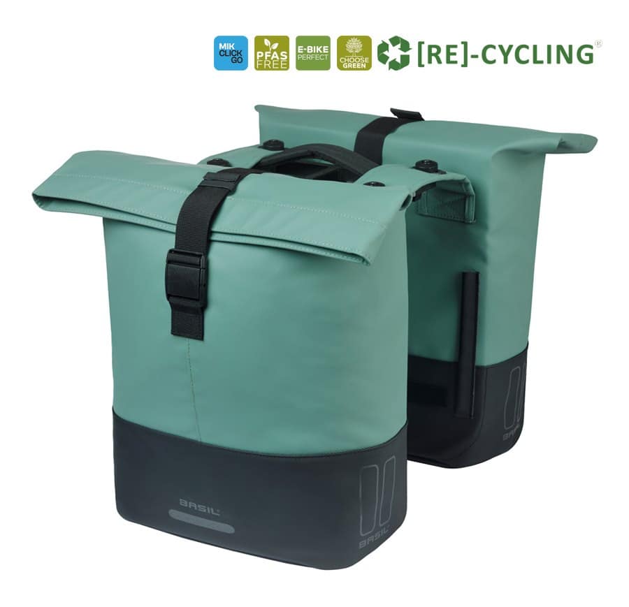 Sakwa podwójna BASIL COVE DOUBLE PANNIER BAG 28-32L, MIK System (ready to go), silvergreen/black (NEW 2026)