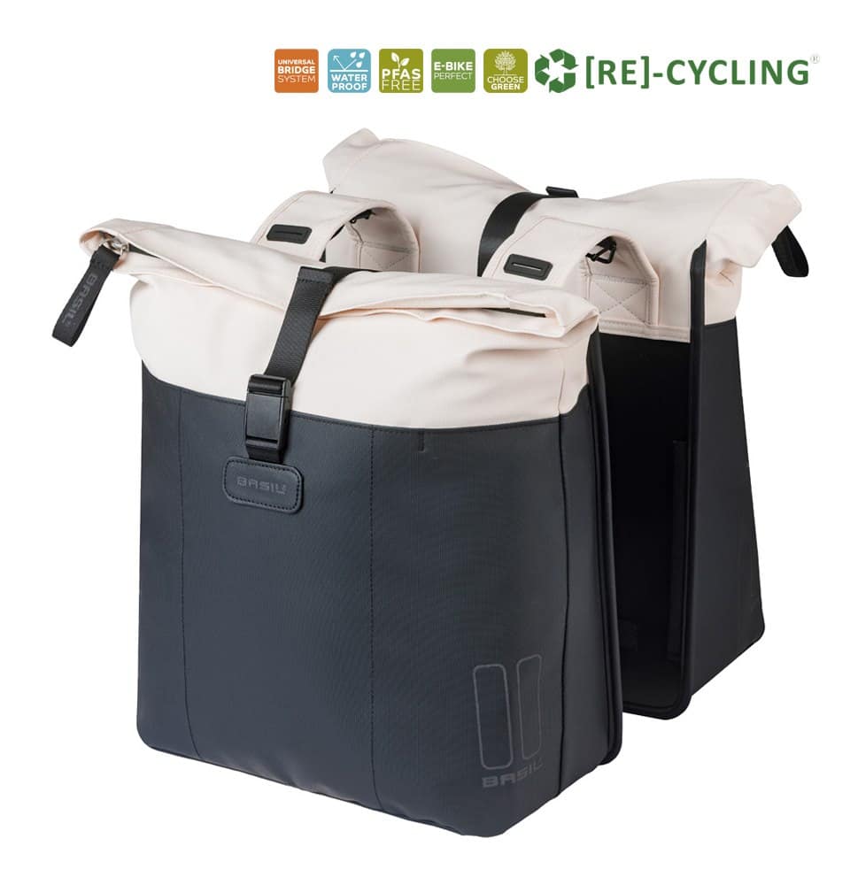 Dvigubas dviračio krepšys BASIL VIVE DOUBLE PANNIER BAG 28–35L, su Universal Bridge System, balkšvai juodas