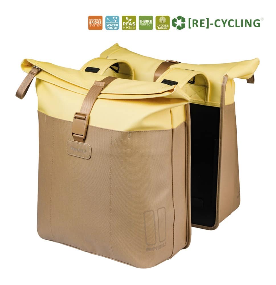 Dvigubas dviračio krepšys BASIL VIVE DOUBLE PANNIER BAG 28–35L, su Universal Bridge System, smėlio ir geltonos spalvų