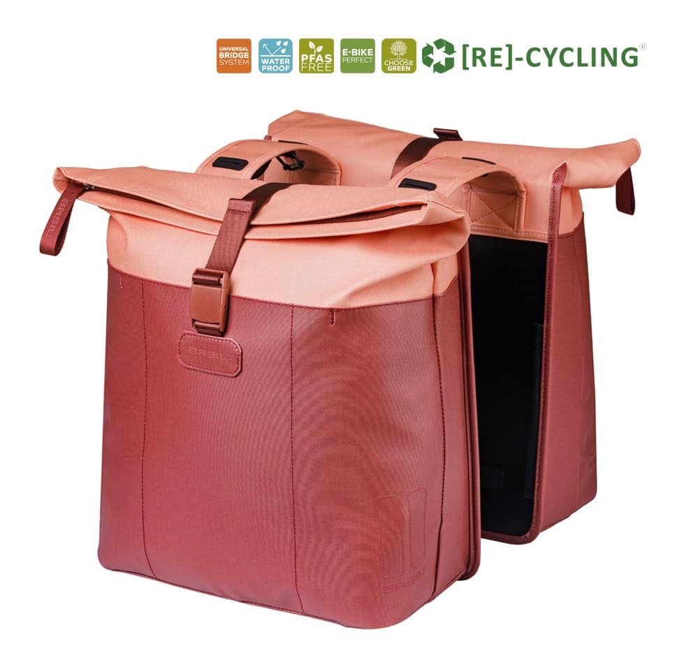 Dvigubas dviračio krepšys BASIL VIVE DOUBLE PANNIER BAG 28–35L, su Universal Bridge System, bordo ir rožinės spalvų