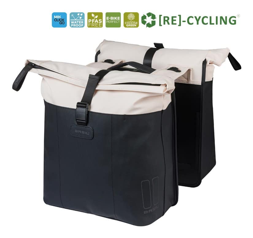 Sakwa podwójna BASIL VIVE DOUBLE PANNIER BAG 28-35L, MIK System (ready to go), off-white/black (NEW 2026)