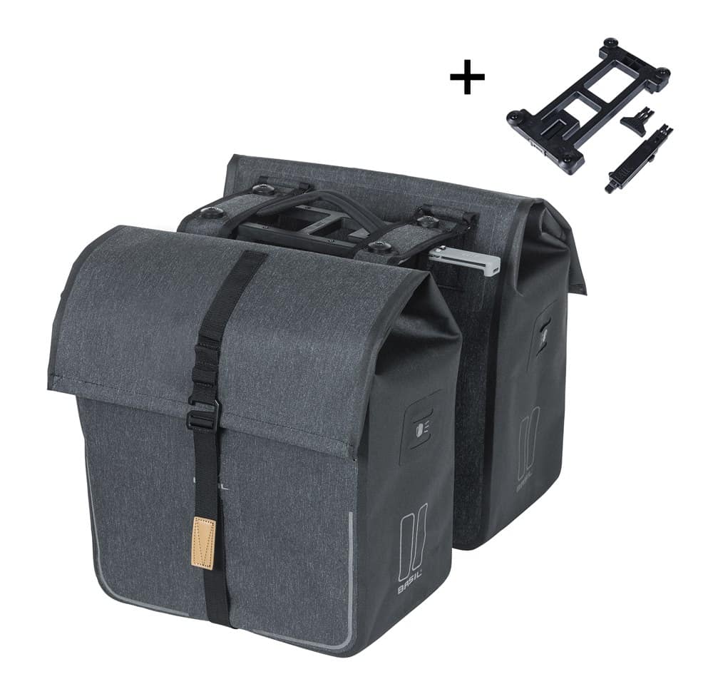 Sakwa podwójna BASIL URBAN DRY DOUBLE BAG 50L MIK, MIK System (ready to go), tkanina poliester z powłoką ochronną, 100% wodoodporna, charcoal melee (NEW)