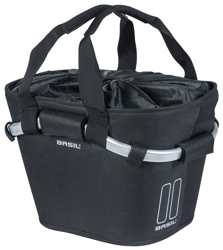 Kosz na kierownicę BASIL CLASSIC CARRY ALL FRONT BASKET KF 15L, czarny + Płytka mocująca do kosza BASIL KLICKFIX ADAPTER system do mocowania na kierownicę odpinany (bez wspornika) (NEW)