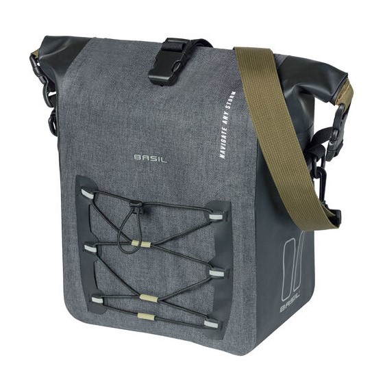 Sakwa pojedyncza BASIL NAVIGATOR STORM SINGLE PANNIER BAG M 12-15 L, Hook On System, wodoodporna, grey black (NEW).