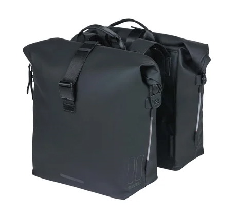 Sakwa podwójna BASIL SOHO DOUBLE PANNIER BAG NORDLICHT Universal Bridge System 41L, 100% wodoodporna night black oświetlenie Nordlicht Technology (NEW)