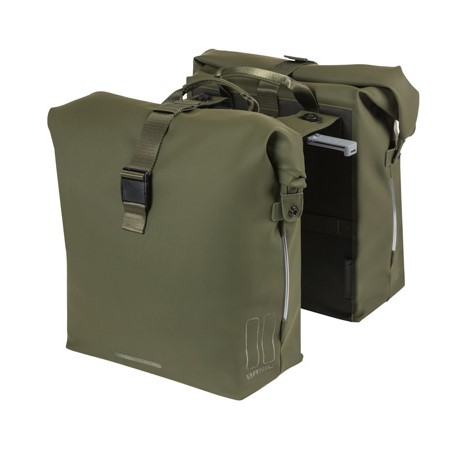 Sakwa podwójna BASIL SOHO DOUBLE PANNIER BAG NORDLICHT MIK, MIK System (ready to go) 41L, 100% wodoodporna moss green oświetlenie Nordlicht Technology (NEW).