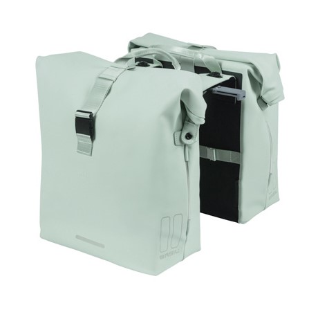 Sakwa podwójna BASIL SOHO DOUBLE PANNIER BAG NORDLICHT MIK, MIK System (ready to go) 41L 100% wodoodporna pastel green oświetlenie Nordlicht Technology (WYPRZEDAŻ -50%)