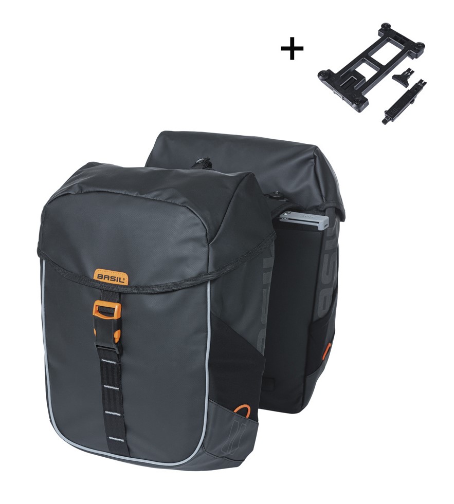 Sakwa podwójna BASIL MILES TARPAULIN DOUBLE PANNIER BAG MIK 34L, MIK System (ready to go), 100% wodoodporna black orange (NEW)