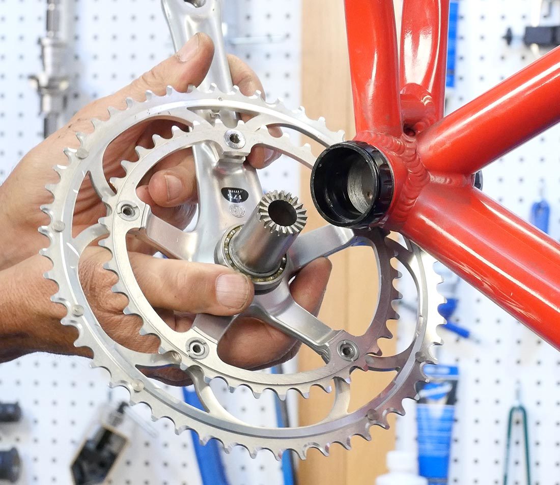 Campagnolo® Ultra-Torque® crank with bearing held next to outboard cup on bottom bracket shell