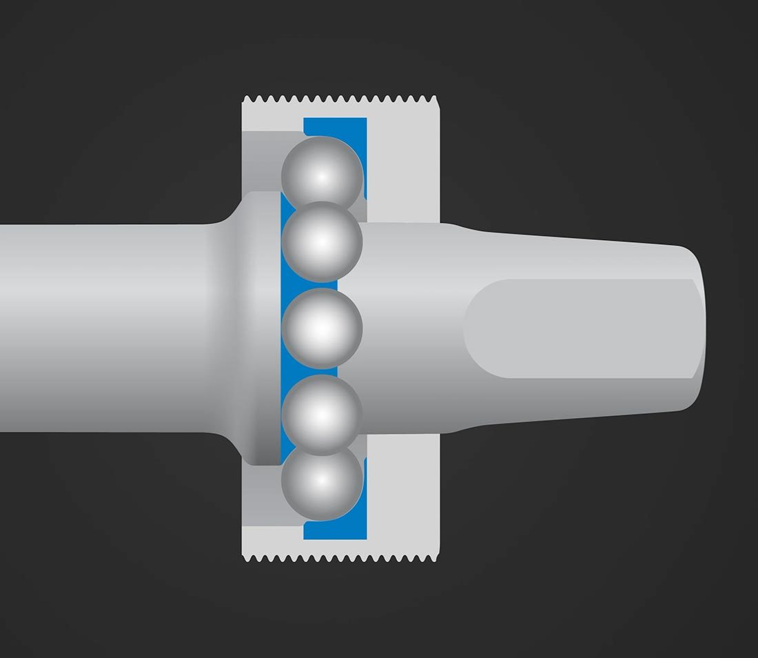 Cutaway rendering of an adjustable cup-and-cone bottom bracket