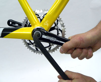 Remove crank bolt with a 14mm hex wrench such as the HR-14