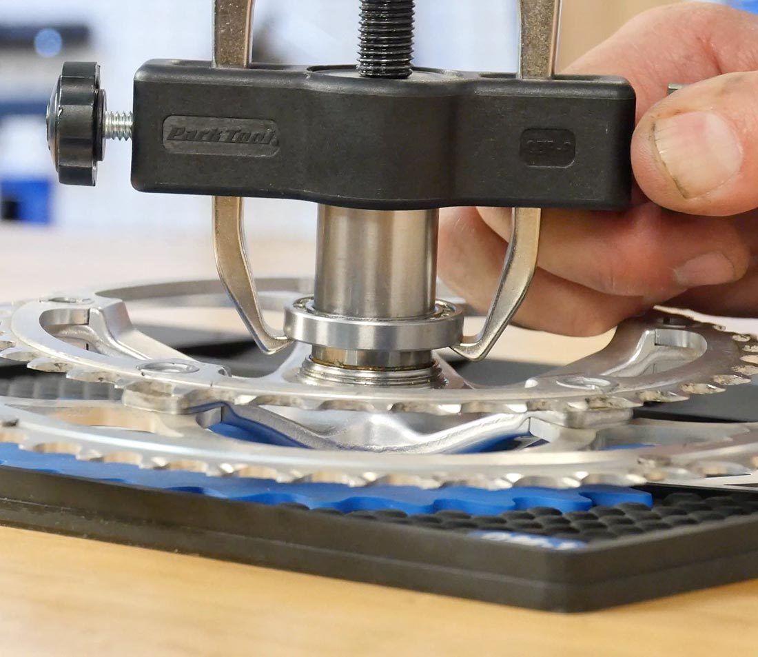 Closeup of CBP-8 caliper pulling with gap between crank face and bearing on spindle