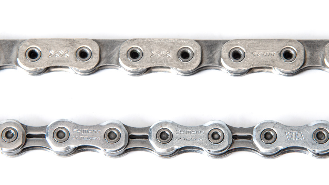 SRAM AXS chain (top) compared to standard 12-speed chain