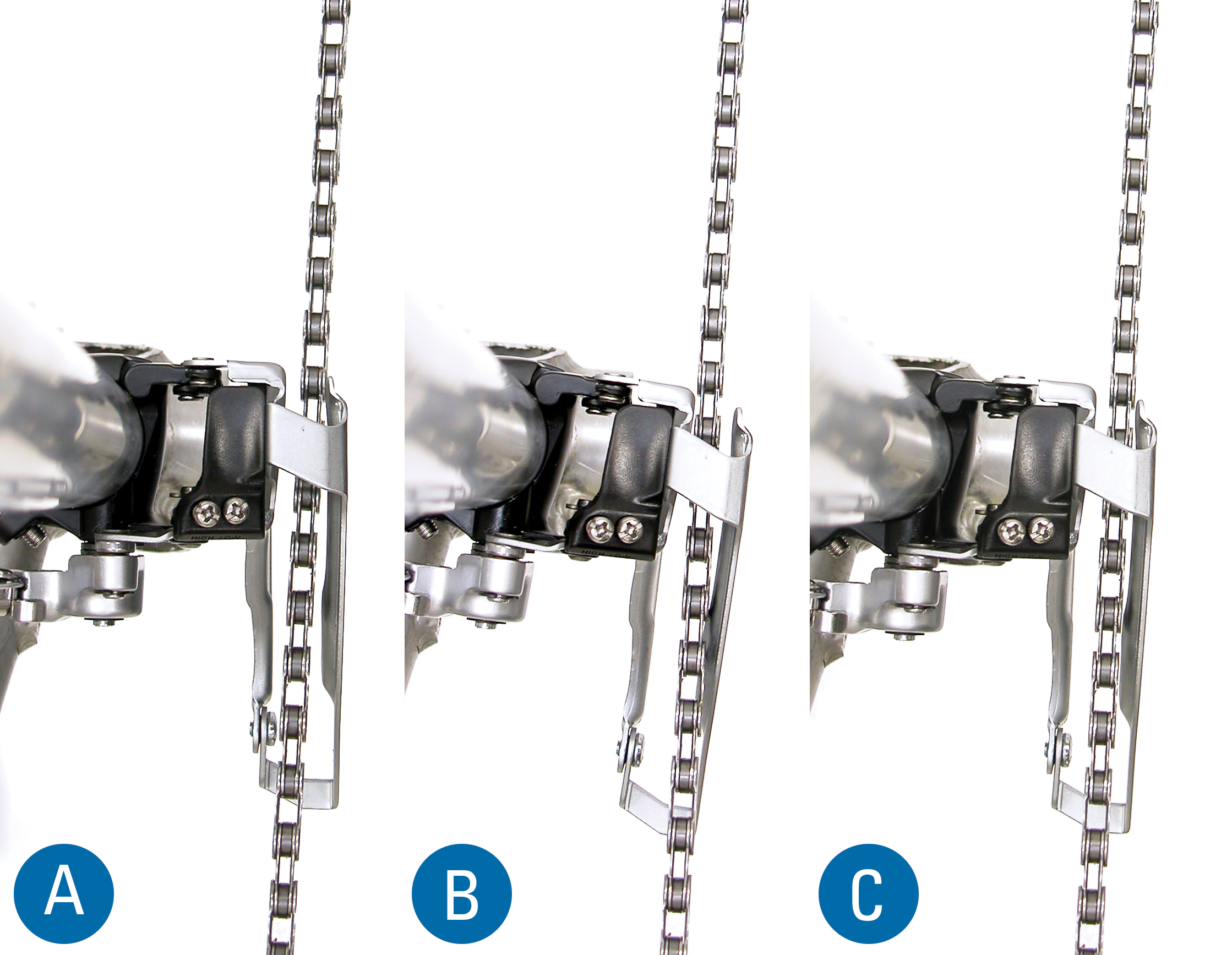Derailleur A is rotated too far counter-clockwise. Derailleur B is rotated too far clockwise. Notice rear end of cage is inward, toward mid bike plane. Derailleur C is acceptably aligned.