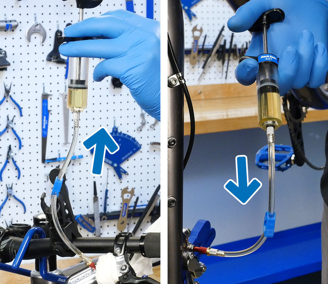 Side by side of upper and lower bleed syringes, both being held upright