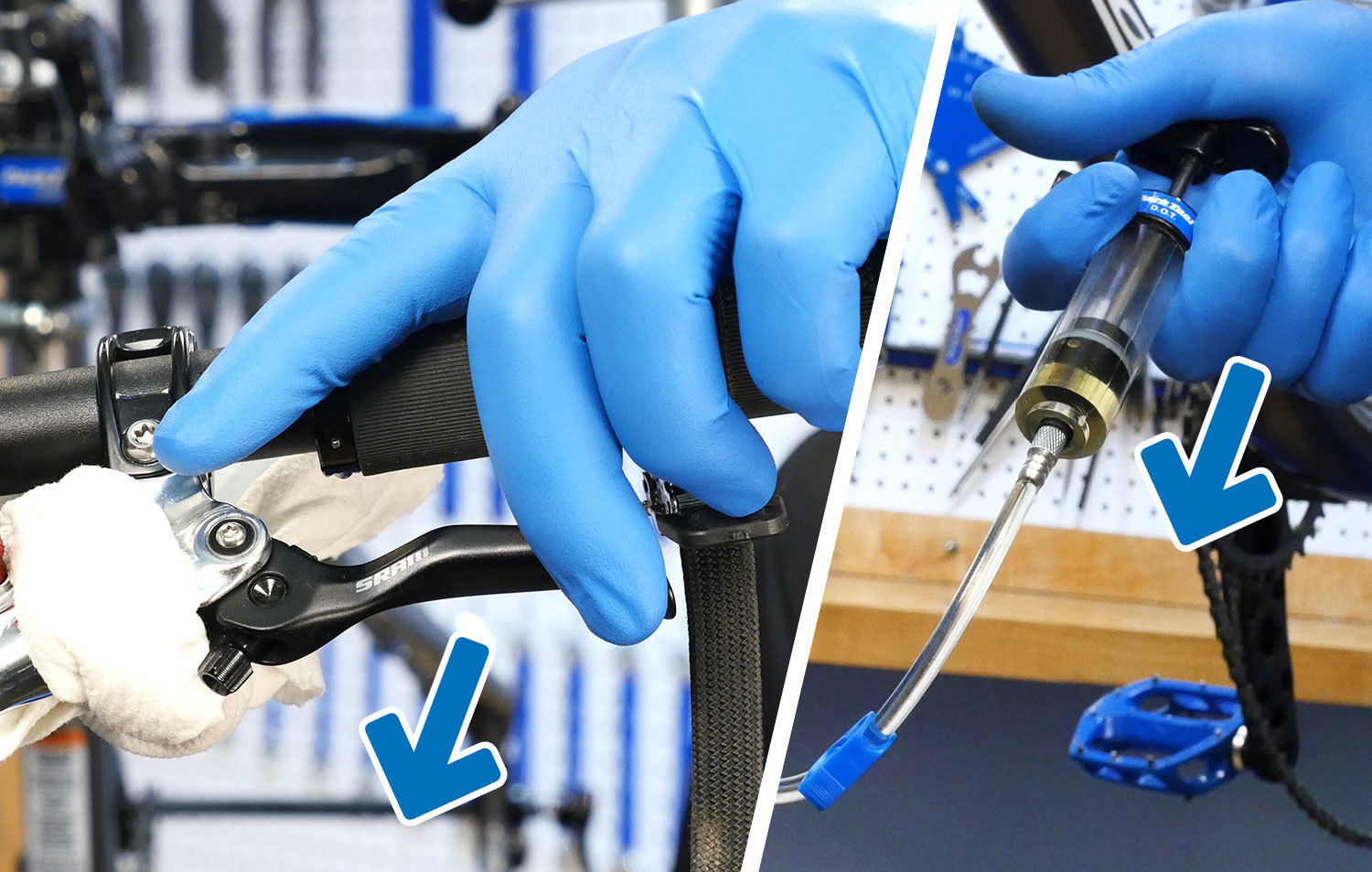 Side-by-side images with one hand releasing the brake lever while another depresses the plunger on a syringe