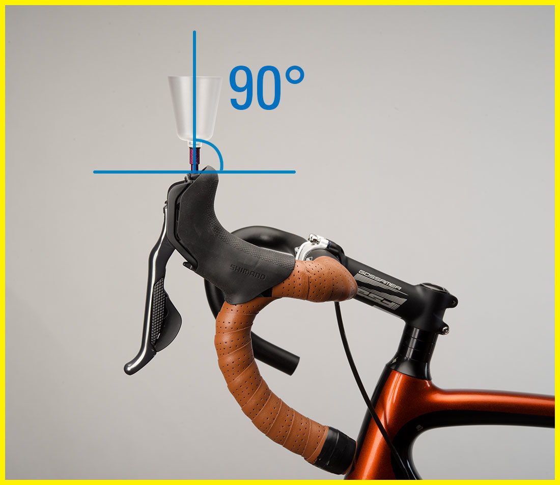 Bleed funnel installed into brake lever with drop handlebars rotates so funnel is 90 degrees vertical