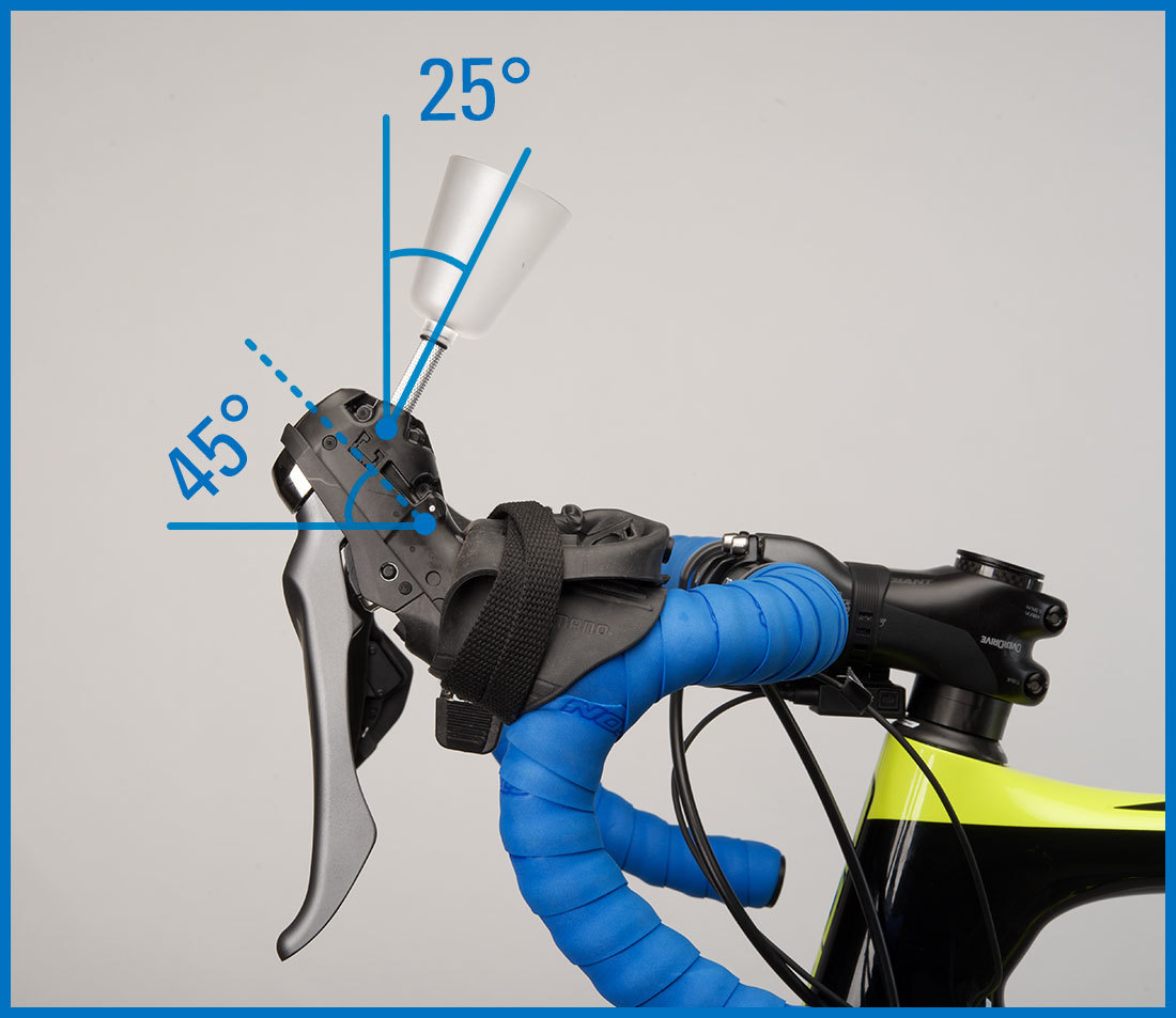 Bleed funnel installed into brake lever with drop handlebars rotated so funnel is 25 degrees from vertical