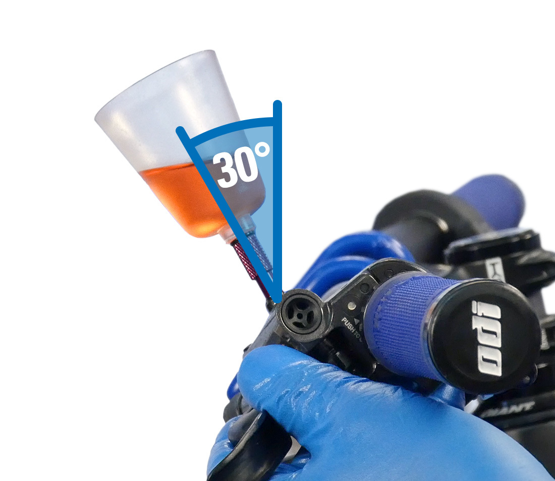 Lever rotated so funnel is 30 degrees forward from vertical