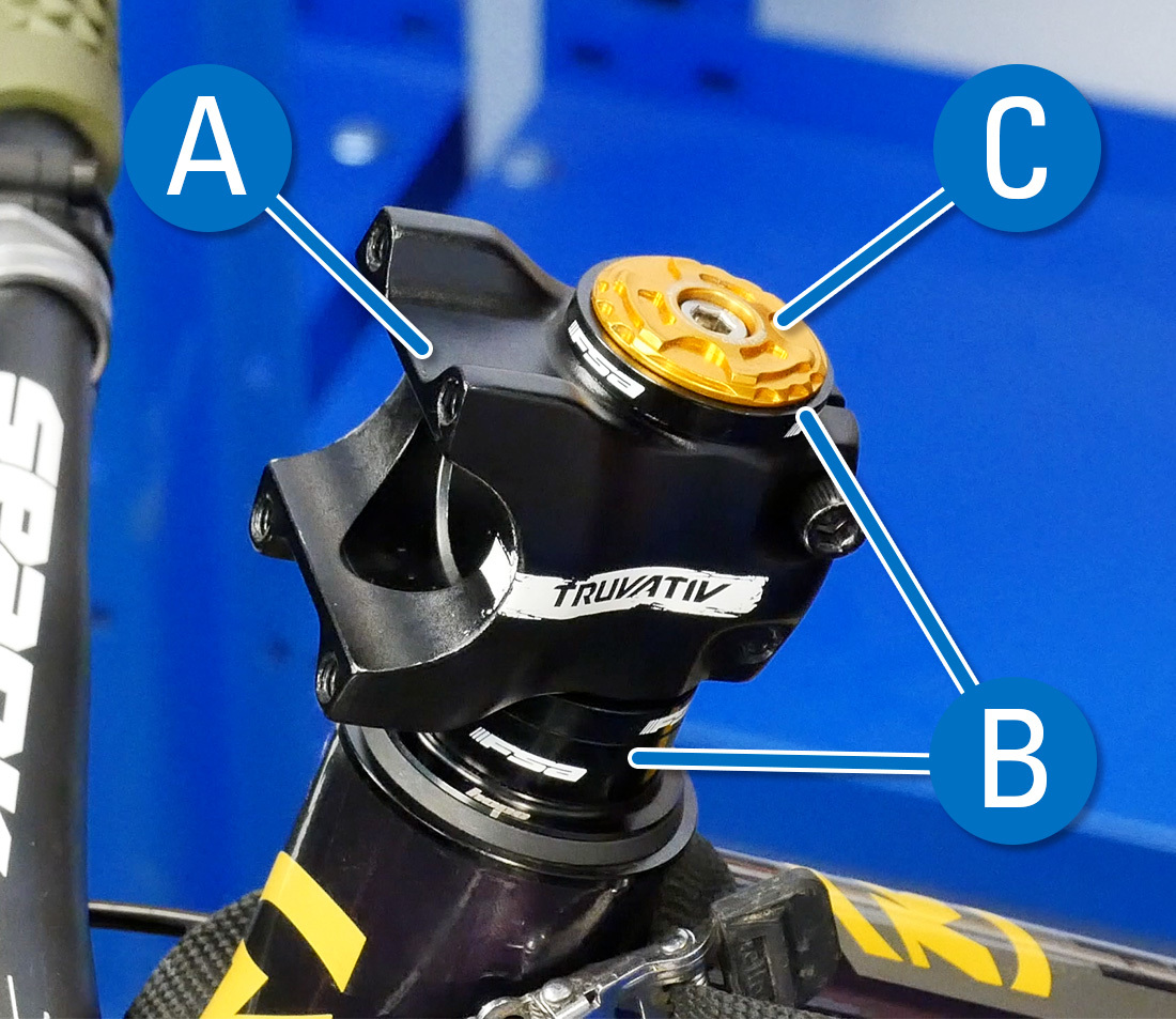 Threadless Stem (A), Spacers (B), and Top Cap (C)