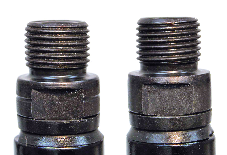 Left: left-hand threads on a left pedal. Right: right-hand threads on a right pedal.