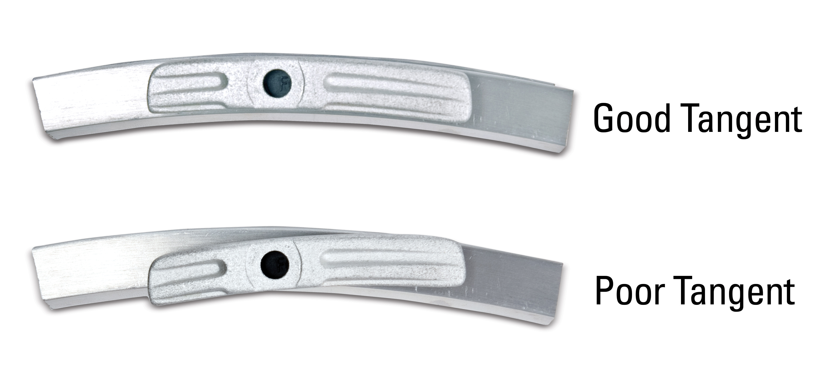 Upper image is good alignment. Lower image is poor alignment. Front and back edges of pad should be even.