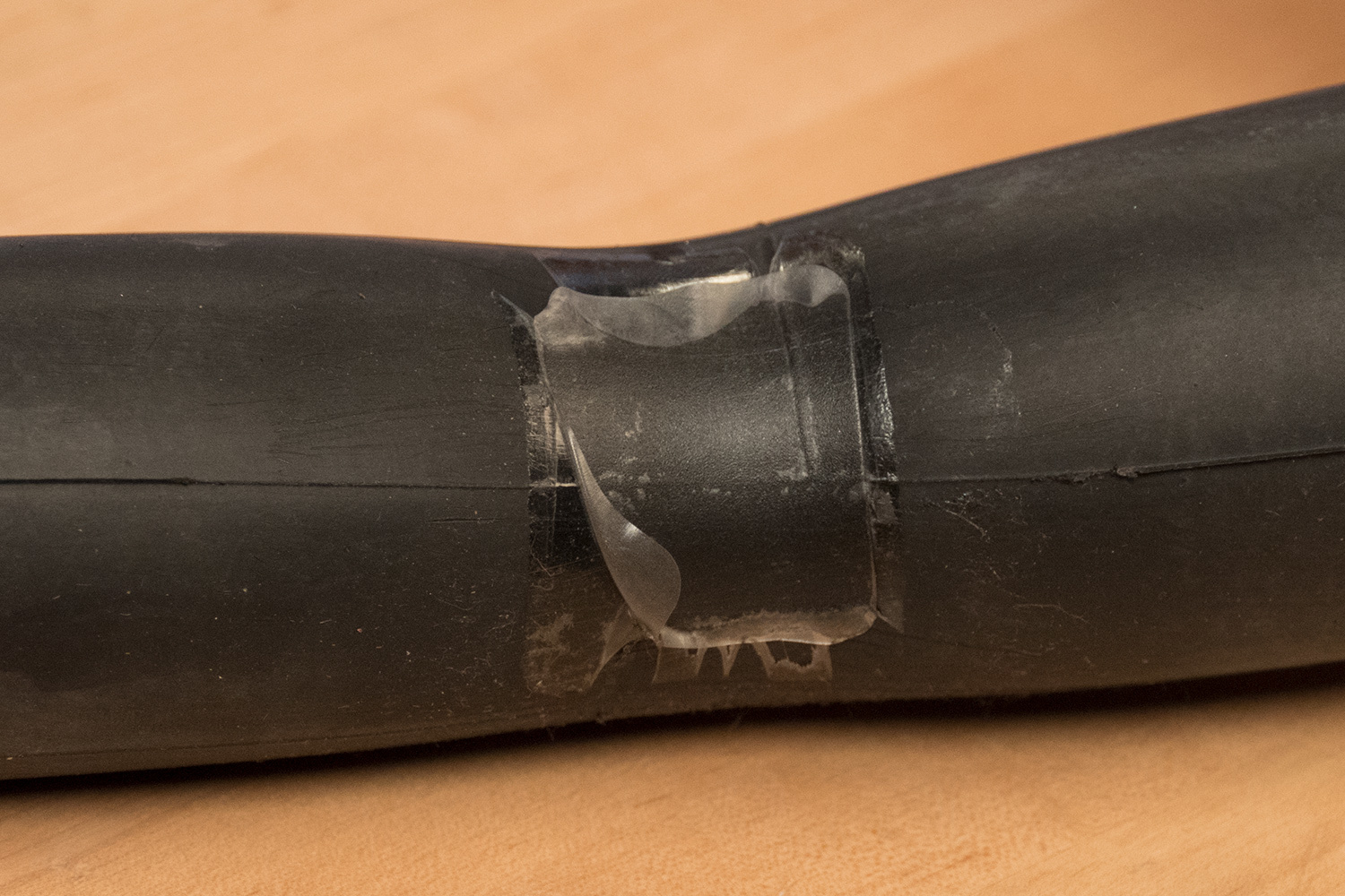 This tube was overinflated after the installation of a pre-glued patch