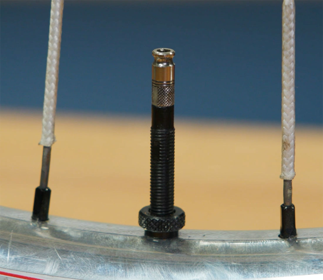 Example of a Clik valve installed in a bicycle wheel