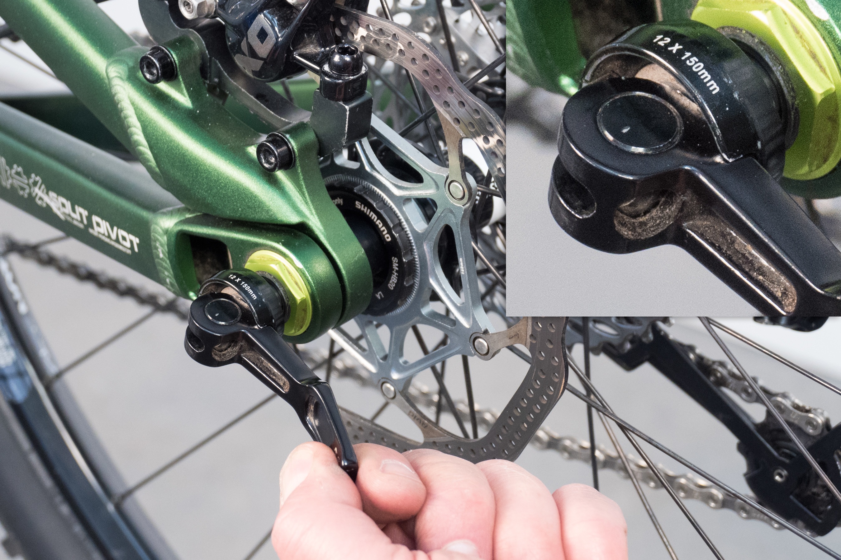 Thru axle with fitting engaged