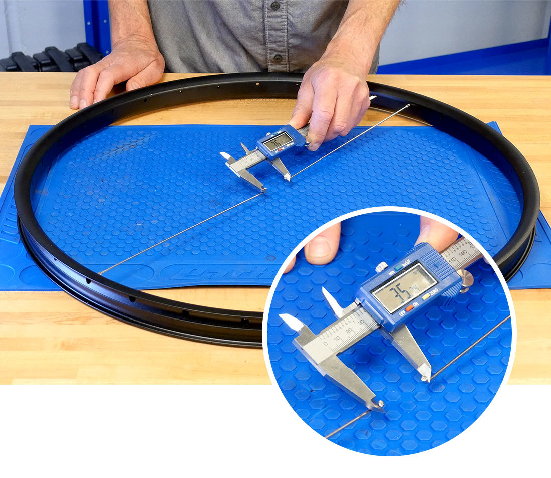 Measuring distance from J-bend to J-bend of opposite spokes on a rim