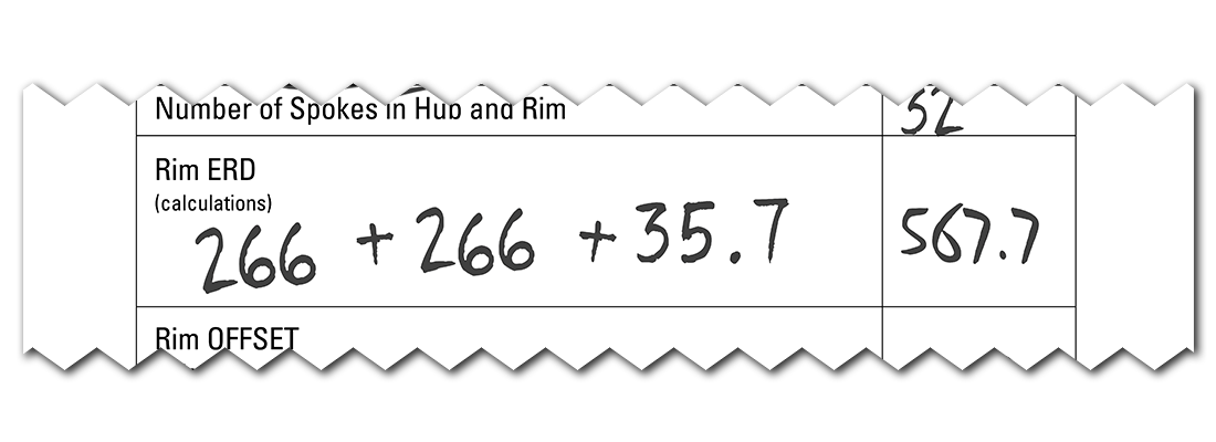 Filled in spoke length worksheet to calculate the rim ERD