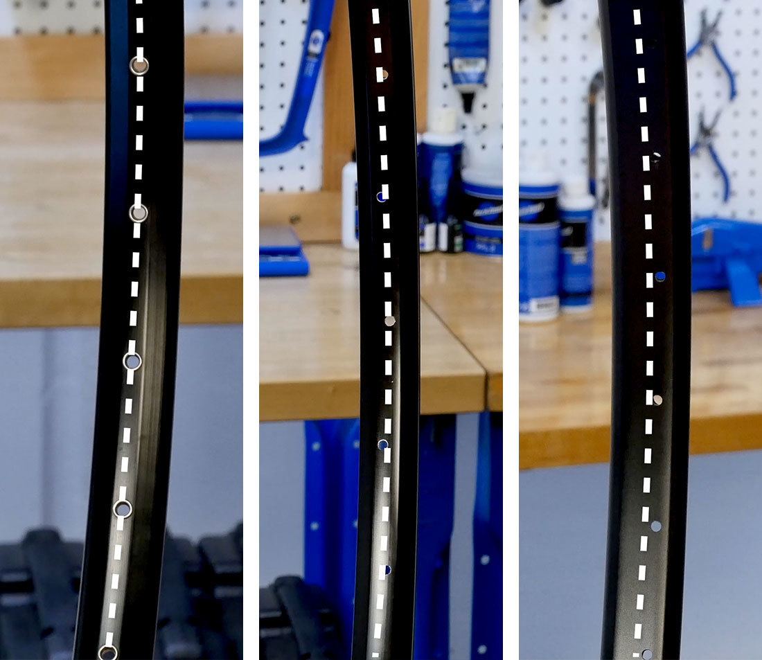 Side-by-side comparison of symmetrical, staggered, and asymmetrical rims