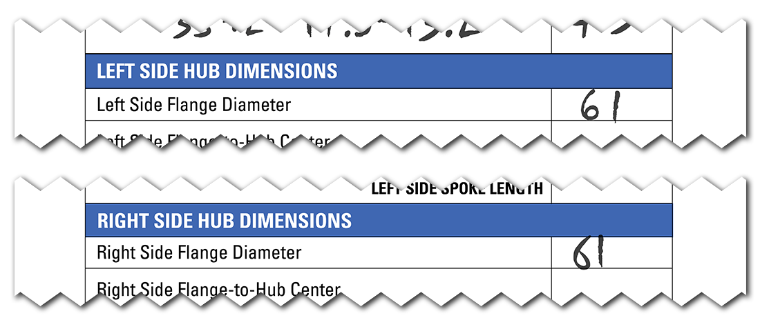 Completed spoke length worksheet showing left and right side hub dimensions