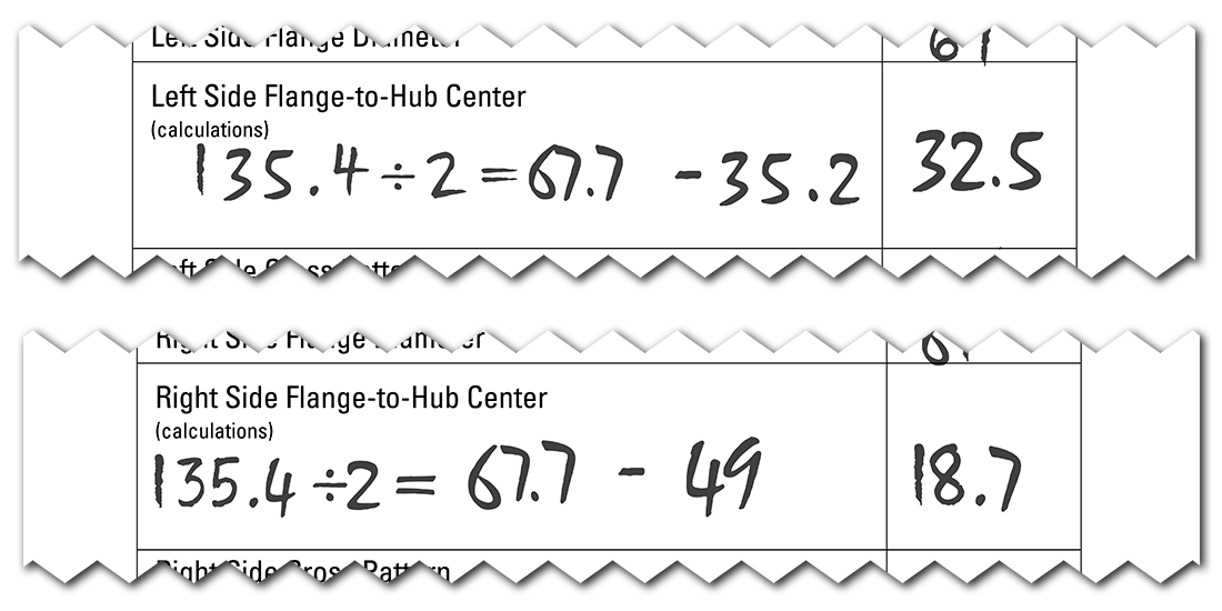 Completed spoke length worksheet with calculations to determine left and right side flange-to-hub center