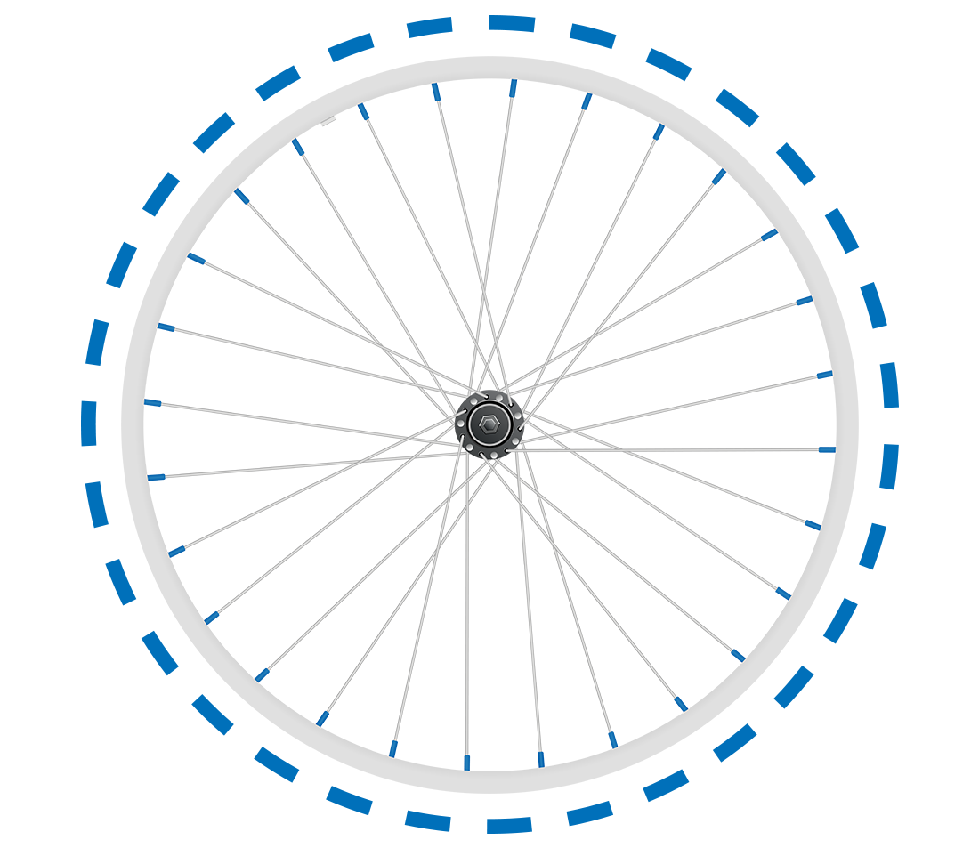 Side view of bicycle wheel with circular axis along its circumference showing how radial deviance is measured