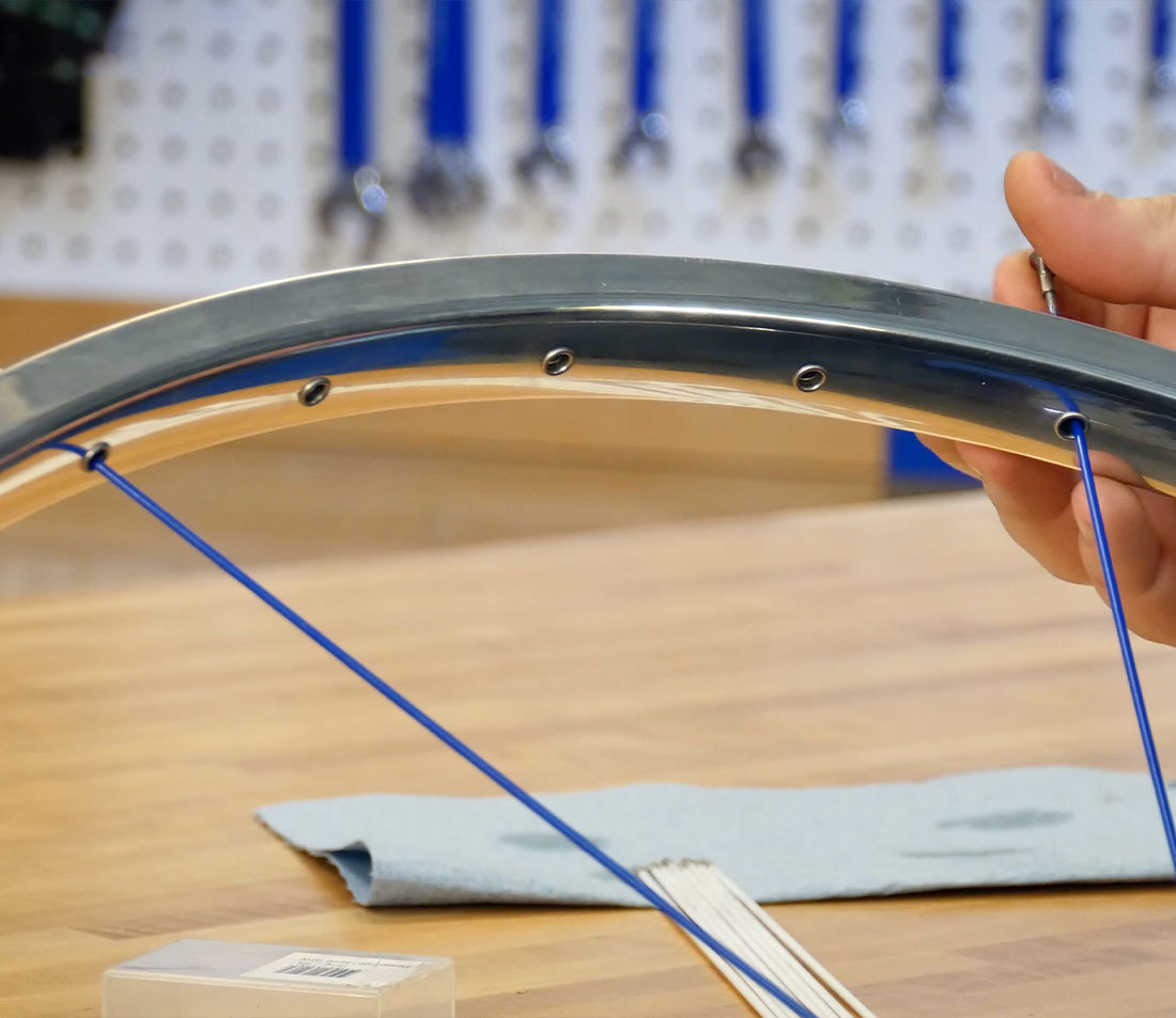 Two spokes installed in a rim, with three empty spoke holes between them