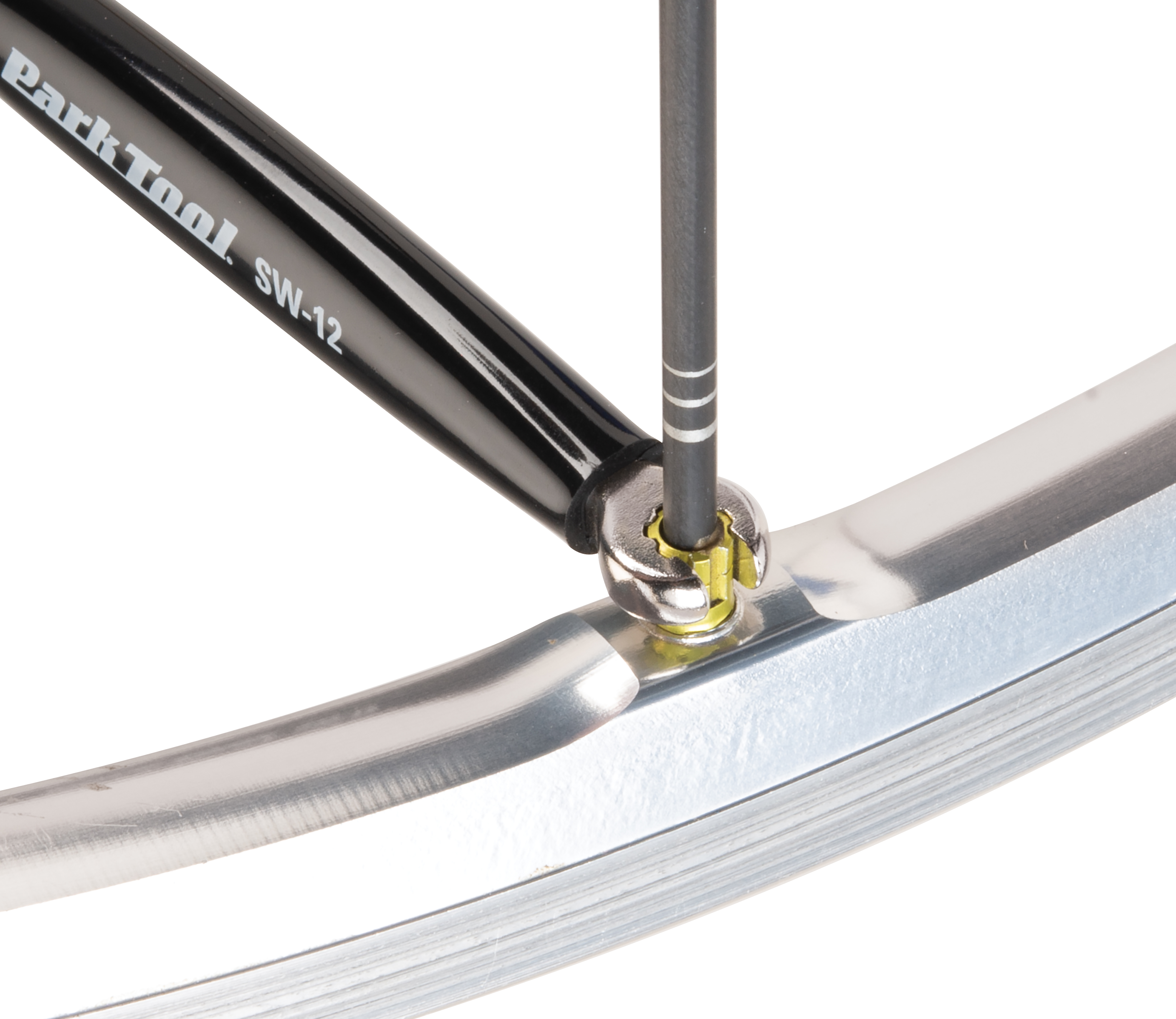 Park Tool SW-12 Double-Ended Spoke Wrench being placed on splined spoke nipple